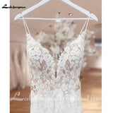 runhufu Straps Boho Lace Wedding Dress 2023 Neck Lace Appliqued Chiffon Backless A Line Beach Bridal Gown Robe De Mariée