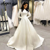 Runhufu Princess Wedding Dress Satin Long Sleeve Elegant Muslim Bride Dresses Buttons Country Wedding Gown Vestido de novia