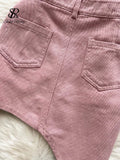 Runhufu Denim Pink Sexy Women Sets Zipper Sashes Button Pocket Irregular Strapless Backless Top Denim Skirt Two Piece Set