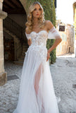 Runhufu Off The Shoulder Beach Wedding Dress 2023 Brides Modern Tulle Sweetheart Pleated Sleeves Boho Bridal Gown Illusion Summer