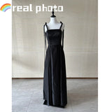 Runhufu Black Elegant Sleeveless Satin Vestido De Noiva Classic Spaghetti Straps Floor-length Wedding Dress A-line Robe De Mariee