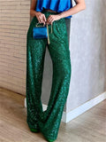 Runhufu Shiny Sequins Wide Leg Pants for Women Casual Loose Elastic High Waist Straight Leg Trousers for Office Streetwear