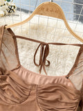 Runhufu 2024 Summer Mesh Split Sexy Dress Ladies Squre Neck Sheer Long Sleeves Transparent Ruched Slim Long Party Dress