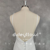 Runhufu Real Picture Simple V-Neck Sleeveless Spaghetti Crepe Mermaid Wedding Dress Open Back Court Train Bridal Gown