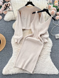 Runhufu Winter Beading Knitted Suits Women Loose Long Sleeve Beading Pullover+ Midi Dress Fashion Warm Sweater Two Piece Sets