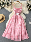 Runhufu Spaghetti Strap Hollow Out Sexy Long Dress Women Sleeveless Elastic Vacation Chiffon Floral Print Beach Sundress