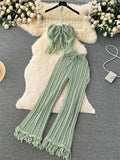 Runhufu Summer Knitted Beach Two Pieces Sets Women Halter Backless Camis+Wide Legs Long Pants Tassel Hollow Out Bohe Suits