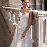 Runhufu 2 In 1 Wedding Dress Tulle Scoop Cap Sleeves Backless Lace Appliques Bridal Gowns With Detachable Train свадебное платье
