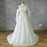 Runhufu Off Shoulder Lace Glitter Tulle Wedding Dresses Long Puff Sleeve 3D Flowers Boho Bride Gown 2024 Vestidos De Novia