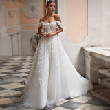 Runhufu Wedding Dresses A-Line Tulle Bridal Gowns Lace Appliques Off The Shoulder Robes Floor Length Vintage Vestidos De Novia