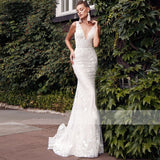 Runhufu V-Neck Mermaid Wedding Dress Detachable Train 2023 Boho Lace Appliques Bridal Gown For Bride Backless Robe De Mariée