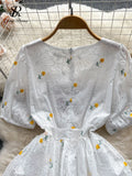 Runhufu Fashion Sweet Long Sundress Women Square Collar Short Puff Sleeves Embroidery Floral Ruched Zipper Beach Style Dress