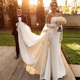 Runhufu Strapless Off The Shoulder Wedding Dress 2023 Bow Sleeveless Backless A-Line Simple Satin Bridal Gown Vestido De Noiva