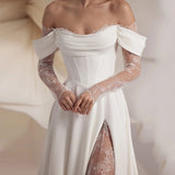 Runhufu Lvory Morden Side Silt Wedding Dresses With Lace For Woman Exquisite Sweetheart Neck Bridal Gowns With Illusion Sleeves