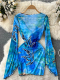 Runhufu Summer Hollow Out Beach Dress Women Long Sleeves Bow Slim Bodycon Sundress Hliday 2024 Transparent Sexy Short Dress