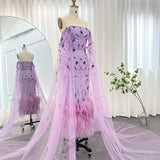 Runhufu Said Dubai Luxury Feathers Lilac Evening Dress with Cape Sleeves Ankle Length Midi Arabic Women Wedding Party Gowns SS381