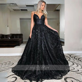 Runhufu Spaghetti Straps Floor-Length Pleats Black Sequins Tulle A-Line Evening Dresses Prom Gowns Robe De Soiree