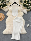 Runhufu 2024 Retro Knitted Two Pieces Sets Sleeveless Short Top+High Waist Slim Long Skirts Female Summer Hotsweet Suits
