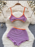 Runhufu Fashion Vacation Shiny Swimsuits Women Strap Backless Camisole+Elastic Waist Shorts Sexy Bikini Beach Two Pieces Suits