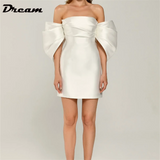 Runhufu Simple Detachable Puffy Sleeves Mini Sheath Wedding Dress Off The Shoulder Pleat Satin Strapless Bridal Gown Elegant NEW