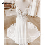 runhufu Straps Boho Lace Wedding Dress 2023 Neck Lace Appliqued Chiffon Backless A Line Beach Bridal Gown Robe De Mariée