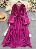 Runhufu Summer Chiffon Loose Sundress Women O Neck Long Puff Sleeves Irregular Ruffles Ruched Zipper Solid Elegant Party Dress