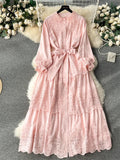 Runhufu French Hotsweet Long Dress Women O Neck Lantern Sleeve Fashion Single Breasted Lace up Design Embroidery Lace Dress