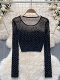 Runhufu Pearls Beadings Women Blouse O Neck Long Sleeves Mesh Sheer High Quality Korean Style Fashion Hotsweet Streetwear Tops