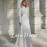 Runhufu High Neck White Chiffon Wedding Dress For Women Long Lantern Sleeve Pleats Elegant Sheath Bride Gown Button Sweep Train