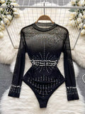 Runhufu Beading Sequins Mesh Bodysuits Women O Neck Summer Sexy Party Club Long Sleeves Ladies Fashion Solid Rompers