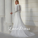 Runhufu High Neck White Chiffon Wedding Dress For Women Long Lantern Sleeve Pleats Elegant Sheath Bride Gown Button Sweep Train