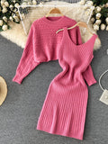 Runhufu Autumn Knitted Dress Suits Women O Neck Long Sleeves Short Pullover+Strap Elastic Dress Korean Sweater Two Pieces Sets