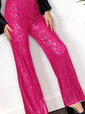 Runhufu Shiny Sequins Wide Leg Pants for Women Casual Loose Elastic High Waist Straight Leg Trousers for Office Streetwear