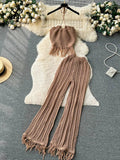 Runhufu Summer Knitted Beach Two Pieces Sets Women Halter Backless Camis+Wide Legs Long Pants Tassel Hollow Out Bohe Suits
