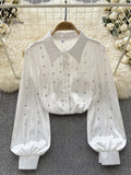 Runhufu Autumn Senior Vintage Shirt 2024 Fashion Lantern Sleeve Loose Beading Design Top Women Lapel Streetwear Diamons Blouse