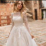 Runhufu Light Champagne Wedding Dress For Bride Long Sleeves Scoop Bride Gowns Tulle A-Line Princess Applique Vestidos De Novia