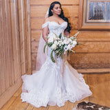 Runhufu Plus Size Mermaid Wedding Dresses Off The Shoulder Neck Bridal Gowns Lace Appliqued Sweep Train Tulle Vestido De Novia