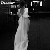 Runhufu V Neck Long Puff Sleeves Bobo Wedding Dress 2024 A Line Backless High Slit Sweep Train Simple Chiffon Bridal Gown