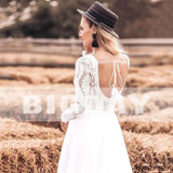 Runhufu A-Line Wedding Dress Women 2024 Lace V-Neck Open Back Long Sleeve Chiffon Boho Bridal Gown Sweep Train Vestidos De Noiva
