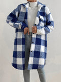 Runhufu Women's Plaids Plush Warm Coats Fashion Winter Fuzzy Fleece Long Jackets Street Long Sleeve Lapel Buttons Outerwear