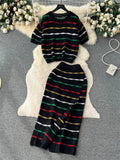 Runhufu Summer Knit Casual Two Pieces Sets Women Loose Short Camisole+ Skinny Long Dress Retro Stripe Hollow Out Design Suit