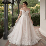 Runhufu Vintage Off the Shoulder Wedding Dresses for Bride Appliques A Line Tulle Sweep Train Vestidos De Novia Customised