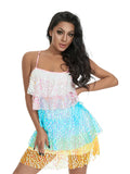 Runhufu Colorful Shiny Sequins Layered Ruffles Dress Summer Street Style Women Spaghetti Strap Party Club Mini Tiered Dress