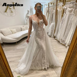 Runhufu Fancy Sleeveless Wedding Dresses for Bride Trumpet Lace Appliques Tulle Suaqre Collar Detachable Train Custom Made