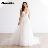 Runhufu Classic V Neck Wedding Dresses 2024 Bride Backless Appliques Tulle A Line Cap Sleeves Sweep Train Robe De Mariee