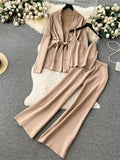 Runhufu Office Lady Three Pieces Suits Loose Belt Cardigan+Tank Tops+Drawstring Wide Legs Long Pants Autumn Fashion Solid Sets