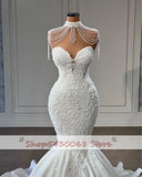 Runhufu Tassels Sheer Neck Bridal Gowns High Mermaid Wedding Dress Custom Made Sleeveless Lace Appliques Vestido de novia