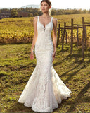 Runhufu V-Neck Wedding Dress Mermaid For Bride Sexy Sleeveless Lace Bride Gown Buttons Pleats Illusion Back Vestido De Novia
