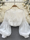 Runhufu Fashion Vintage Court Style Blouse Women Zipper Transparent Three Dimensional Floral Design 2024 Casual Loose T Shirt