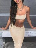 Runhufu Summer Women Two Piece Matching Sets One-Shoulder Straps Crop Tube Tops+Long Fishnet Skirts Party Street Beach Suits